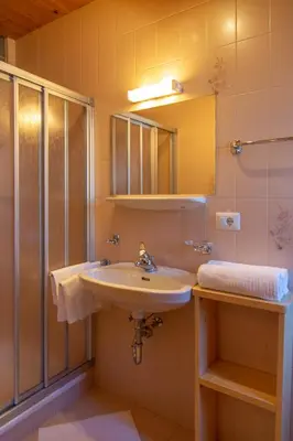 a bathroom with a sink and a shower at Galreidhof in Funes