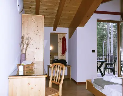a room with a desk and a table with a chair at hotel Parco Pineta in Cavareno