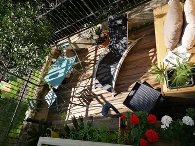 an overhead view of a patio with a table and chairs at Villetta Italia IT.CU in Merano