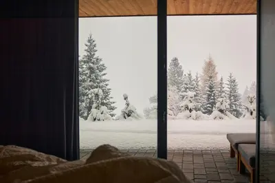 a view of a snow covered yard through a window at Stelza Nature Chalet in Val di Vizze