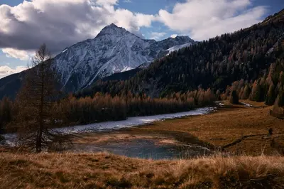 a river in a field with a mountain in the background at Stelza Nature Chalet in Val di Vizze