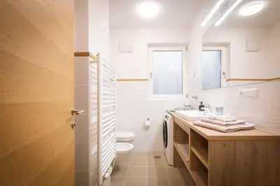 a bathroom with a sink and a toilet and a mirror at dolomites view apartment in Rasun di Sopra
