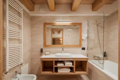 a bathroom with a sink and a shower and a mirror at Royal Hotel Cortina in Cortina dʼAmpezzo