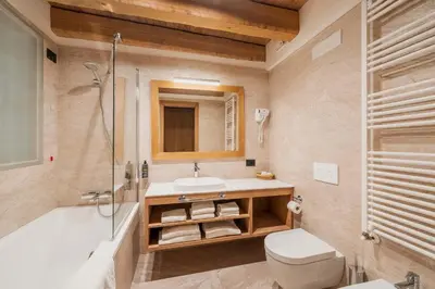 a bathroom with a sink and a shower and a toilet at Royal Hotel Cortina in Cortina dʼAmpezzo