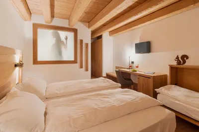 a bedroom with two beds and a desk in it at Royal Hotel Cortina in Cortina dʼAmpezzo