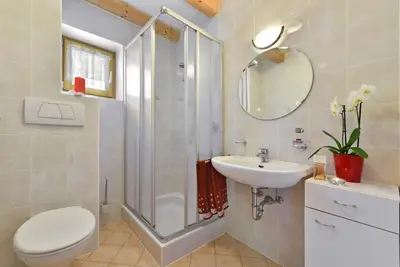 a bathroom with a shower and a toilet and a sink at Fuchshof in Perca