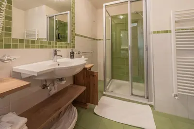a bathroom with a sink and a shower at Les Gomines BB***** in San Vigilio Di Marebbe