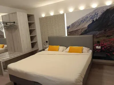 a bedroom with a large white bed with yellow pillows at Agritur La Fenice in Brez