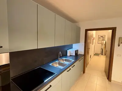 a kitchen with a sink and a counter top at Pragma Apartments - Appartamento Dellantonio in Predazzo