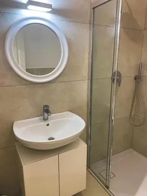 a bathroom with a sink and a shower at Palais Carducci in Bolzano