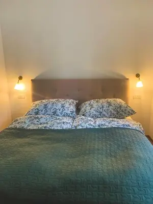 a bedroom with a bed with two pillows at Palais Carducci in Bolzano