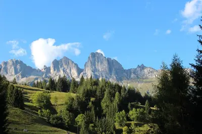 a hotel room with a large bed and a couch at Hotel Cime d'Auta in Falcade
