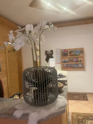 a black vase with white flowers in it on a counter at Garnì Villa Elsa in Pozza di Fassa