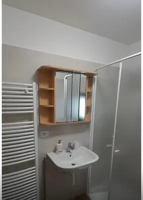a bathroom with a sink and a shower and a mirror at Appartamento GIRASOLE in Trodena