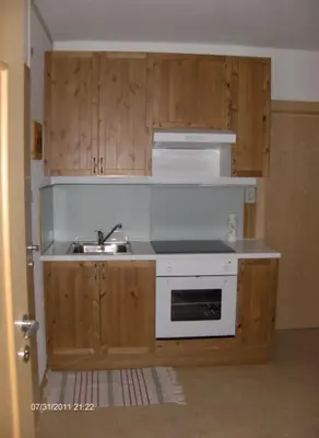a kitchen with wooden cabinets and a sink at villa mahlfertheiner in Castelrotto
