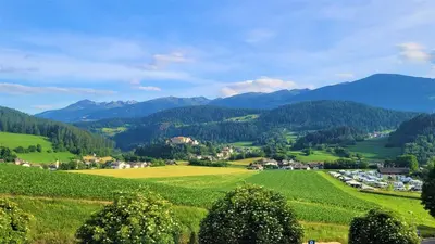a green valley with mountains in the background at Appartements Tirol in San Lorenzo di Sebato
