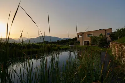 a pond in front of a house with mountains in the background at Weingut Stuck in Appiano sulla Strada del Vino