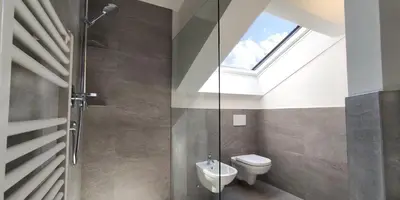 a bathroom with a toilet and a skylight at Mittelbergerhof Ferienwohnungen in Vilpiano