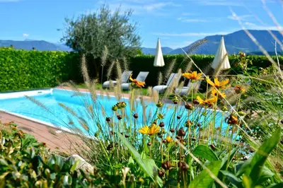 a garden with flowers and a swimming pool at Gutshof Sinn in Caldaro