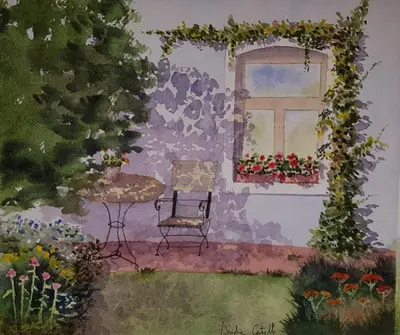a painting of a garden with a chair and a window at Downtown Hideout Bressanone Pedestrian Zone Private Garden, Parking Brixen Card in Bressanone