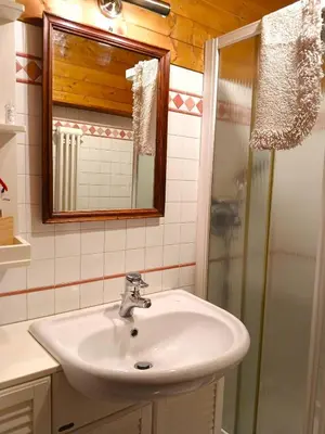 a bathroom with a sink and a shower at Casa Rosetta nel cuore delle Dolomiti in Tonadico