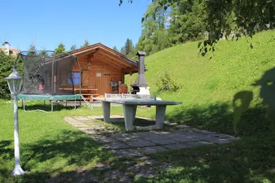 a picnic table in a yard next to a cabin at Ciasa La Rösa in Badia