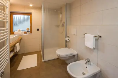 a bathroom with a toilet and a shower and a sink at Ciasa Col Cuch in La Villa