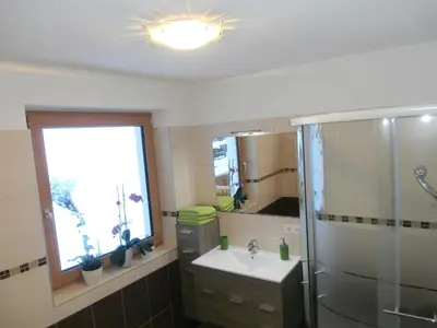 a bathroom with a sink and a shower and a mirror at Reden Hof in Selva dei Molini