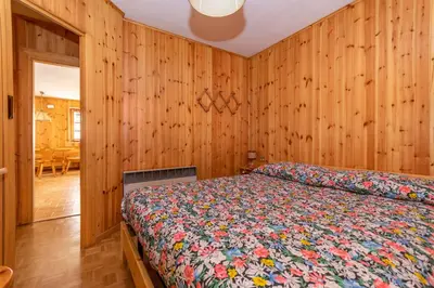 a bedroom with wood paneled walls and a bed at Casa Coli in Mazzin