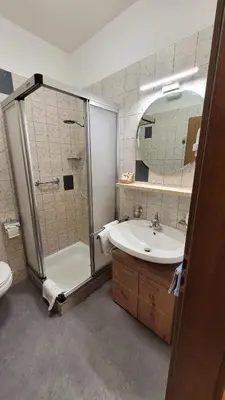 a bathroom with a shower and a sink and a toilet at Waldhof in Meltina