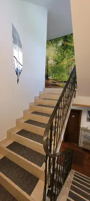 a staircase with a chandelier and a painting on the wall at Waldhof in Meltina