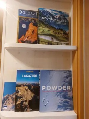 a book shelf with books on top of mountains at Italian Apartment with Hot Tub in Arabba