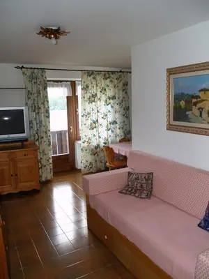 a living room with a couch and a tv at Appartamenti Katinanna in Alleghe