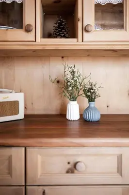 two vases with flowers on a counter in a kitchen at Radhof in Villandro