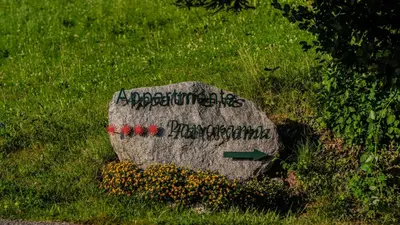a rock with graffiti on it in the grass at Appartements Panorama in Fiè