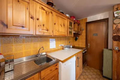 a kitchen with wooden cabinets and a sink at Cesa Molin in Campitello di Fassa