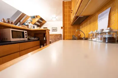 a kitchen with a counter top and a microwave at Cesa Molin in Campitello di Fassa