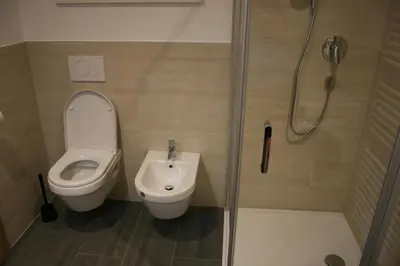 a bathroom with a toilet and a sink and a shower at Residence Weinberg 8 in Nalles
