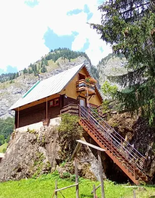 a house on top of a mountain with a staircase at Il nido (Cica) in Sottoguda
