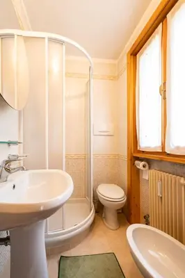 a bathroom with a sink and a toilet and a shower at Cesa Monti pallidi 1 in Canazei