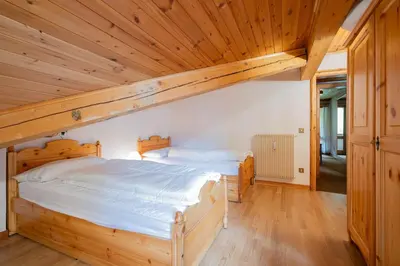 a bedroom with two beds and a wooden ceiling at Cesa Monti pallidi 1 in Canazei