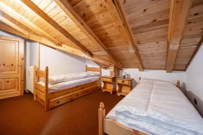 a bedroom with two beds and a wooden ceiling at Cesa Monti pallidi 1 in Canazei