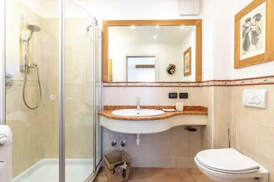 a bathroom with a sink and a shower at Valle Filippo in Canazei