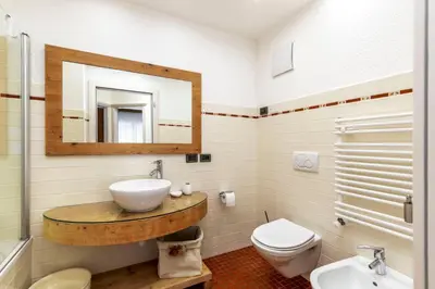 a bathroom with a sink and a toilet and a mirror at Valle Maura in Canazei
