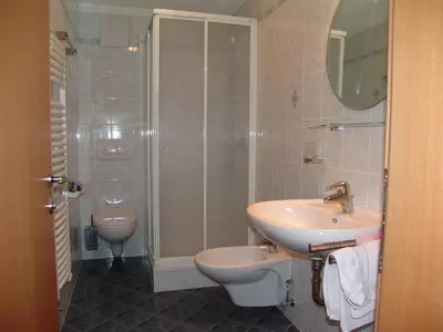 a bathroom with a sink and a toilet and a mirror at Appartement Gandler in Valdaora