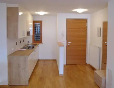 a kitchen with a sink and a wooden door at Appartement Gandler in Valdaora