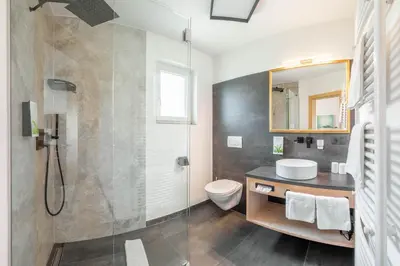 a bathroom with a shower and a toilet and a sink at Wohlfühlhotel Mei Auszeit in Plaus