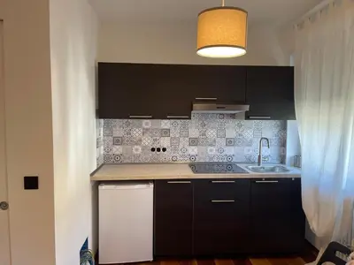 a kitchen with black cabinets and a sink at LaCasadiGuendy in Bolzano