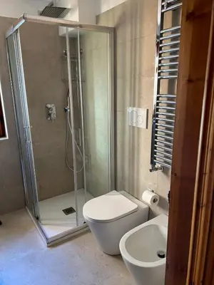 a bathroom with a shower and a toilet and a sink at Luxury Panoramic 3BR Apt 2min to Centre 5min to Lifts in Cortina dʼAmpezzo