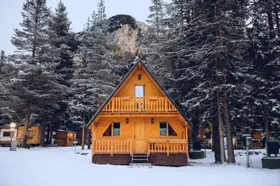 a wooden cabin in the snow with trees at Camping Sass Dlacia in San Cassiano